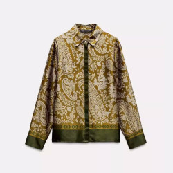 Elyana Gold and Green Paisley Pattern Floral Printed Long Sleeve Dress