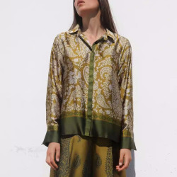 Elyana Gold and Green Paisley Pattern Floral Printed Long Sleeve Dress